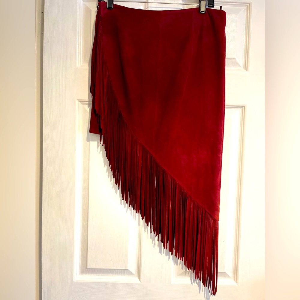 Intermix asymmetrical suede fringe skirt in a gorgeous berry color with side zip